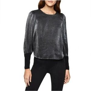 BCBGeneration Womens Metallic Silver Bishop Sleeve Top in Metallic Black Medium